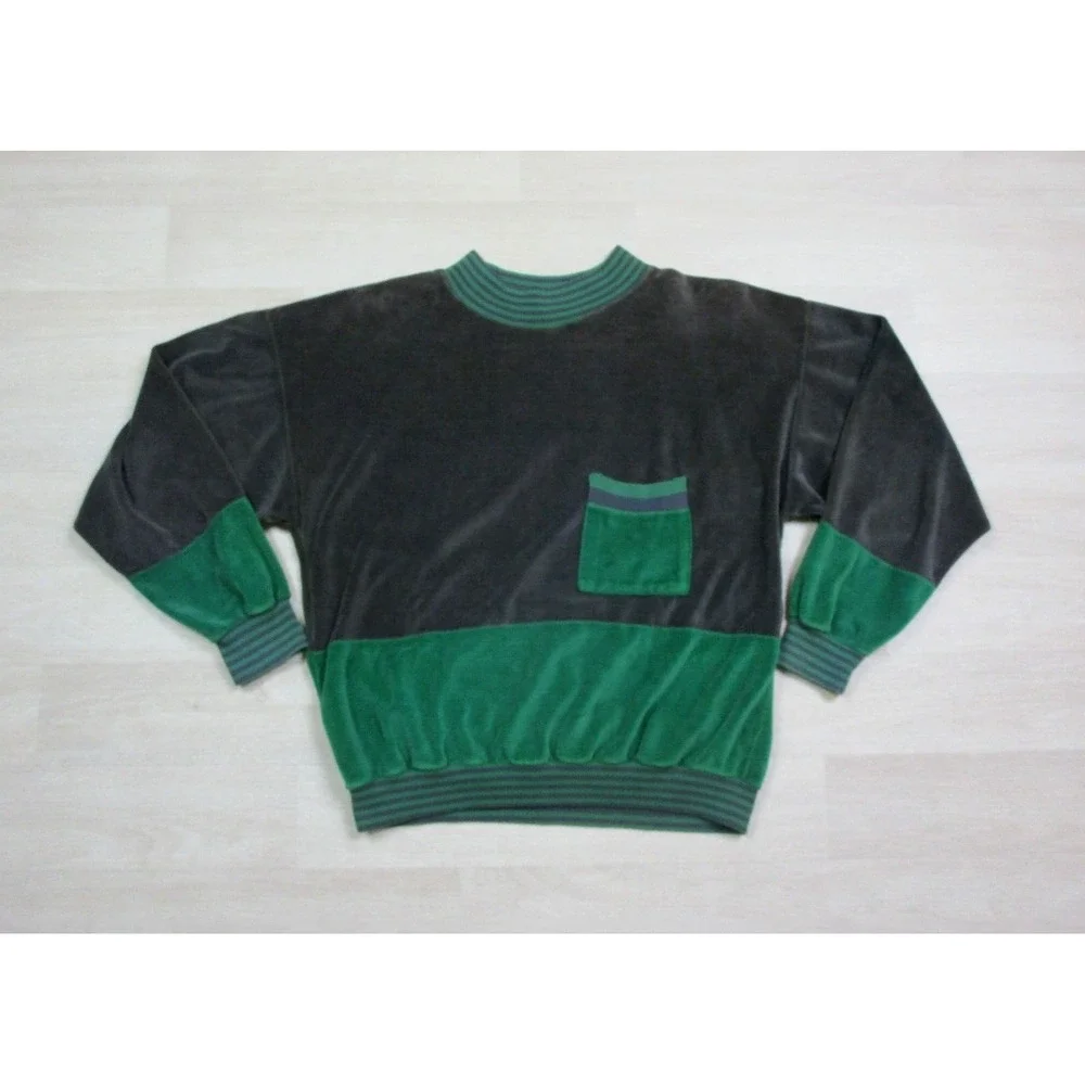 VTG VELOUR LONG SLEEVE POCKET SWEATER Green‎ Color-Block MEN'S (M) Grunge Rock